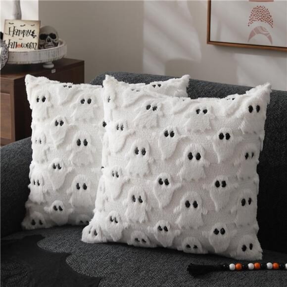 Set of 2 Halloween Ghost Pillow Covers‎ - 18x18 Inch Soft Plush Faux Fur Cushion - Picture 1 of 7